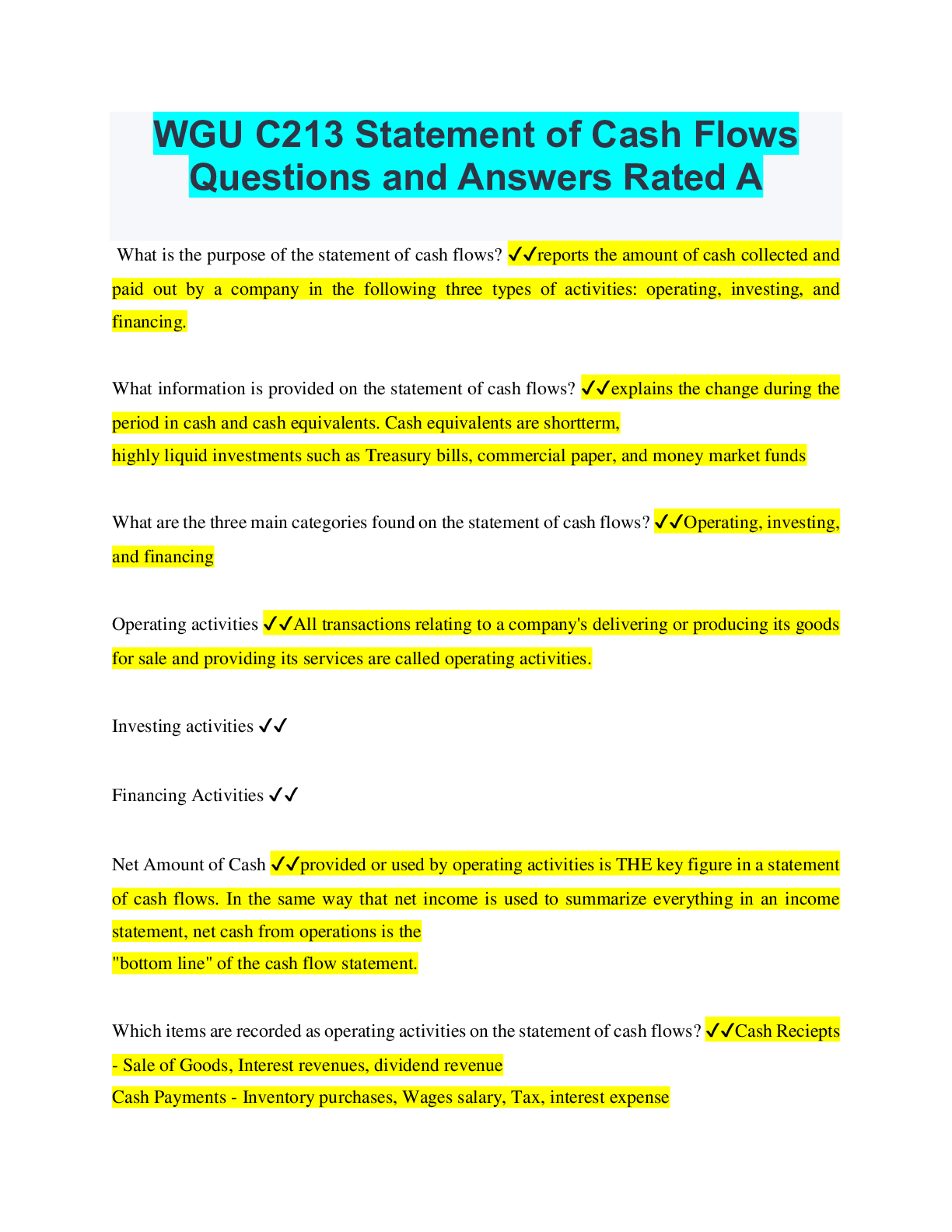 WGU C213 Statement of Cash Flows Questions and Answers Rated A